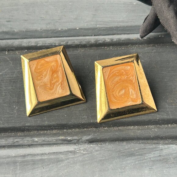 Gold + Peach Enamel Earrings - Picture 1 of 10